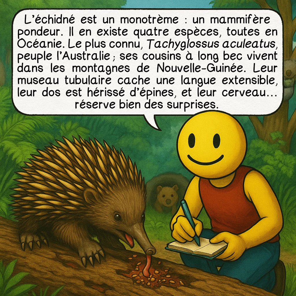 L’échidné, case 2 : — Qui es-tu, étrange créature ?
L’échidné est un monotrème : un mammifère pondeur. Il en existe quatre espèces, toutes en Océanie. Le plus connu, Tachyglossus aculeatus, peuple l’Australie ; ses cousins à long bec vivent dans les montagnes de Nouvelle-Guinée. Leur museau tubulaire cache une langue extensible, leur dos est hérissé d’épines, et leur cerveau… réserve bien des surprises.