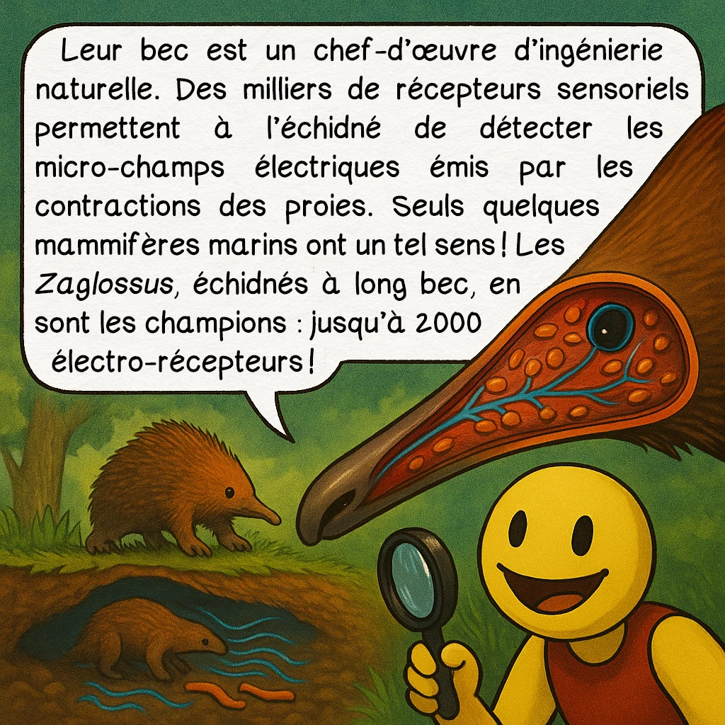 L’échidné, case 3 : — Le bec qui sent l’électricité
Leur bec est un chef-d’œuvre d’ingénierie naturelle. Des milliers de récepteurs sensoriels permettent à l’échidné de détecter les micro-champs électriques émis par les contractions des proies. Seuls quelques mammifères marins ont un tel sens ! Les Zaglossus, échidnés à long bec, en sont les champions : jusqu’à 2000 électro-récepteurs !
