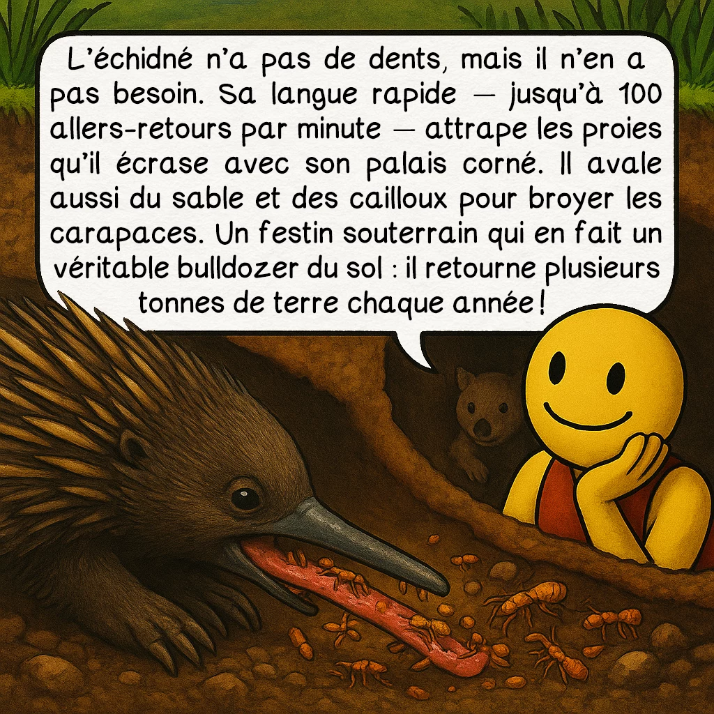 L’échidné, case 4 : — Une bouche sans dents, une langue mitraillette
L’échidné n’a pas de dents, mais il n’en a pas besoin. Sa langue rapide — jusqu’à 100 allers-retours par minute — attrape les proies qu’il écrase avec son palais corné. Il avale aussi du sable et des cailloux pour broyer les carapaces. Un festin souterrain qui en fait un véritable bulldozer du sol : il retourne plusieurs tonnes de terre chaque année !