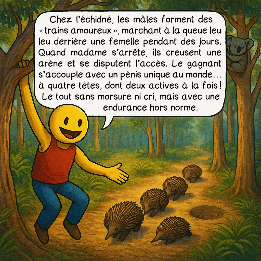 L’échidné, case 5 : — L’amour chez les piquants
Chez l’échidné, les mâles forment des « trains amoureux », marchant à la queue leu leu derrière une femelle pendant des jours. Quand madame s’arrête, ils creusent une arène et se disputent l’accès. Le gagnant s’accouple avec un pénis unique au monde… à quatre têtes, dont deux actives à la fois ! Le tout sans morsure ni cri, mais avec une endurance hors norme.