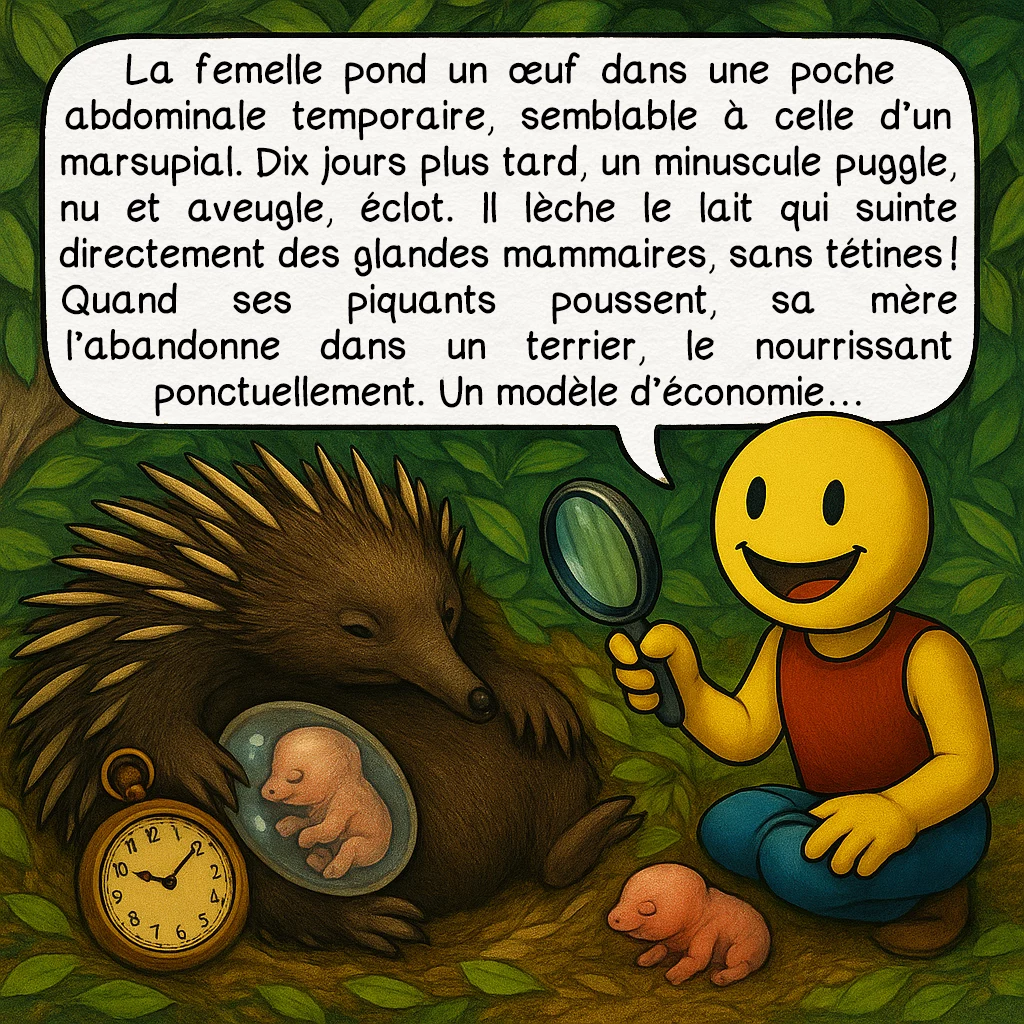 L’échidné, case 6 : — Pondu vivant ?
La femelle pond un œuf dans une poche abdominale temporaire, semblable à celle d’un marsupial. Dix jours plus tard, un minuscule puggle, nu et aveugle, éclot. Il lèche le lait qui suinte directement des glandes mammaires, sans tétines ! Quand ses piquants poussent, sa mère l’abandonne dans un terrier, le nourrissant ponctuellement. Un modèle d’économie…
