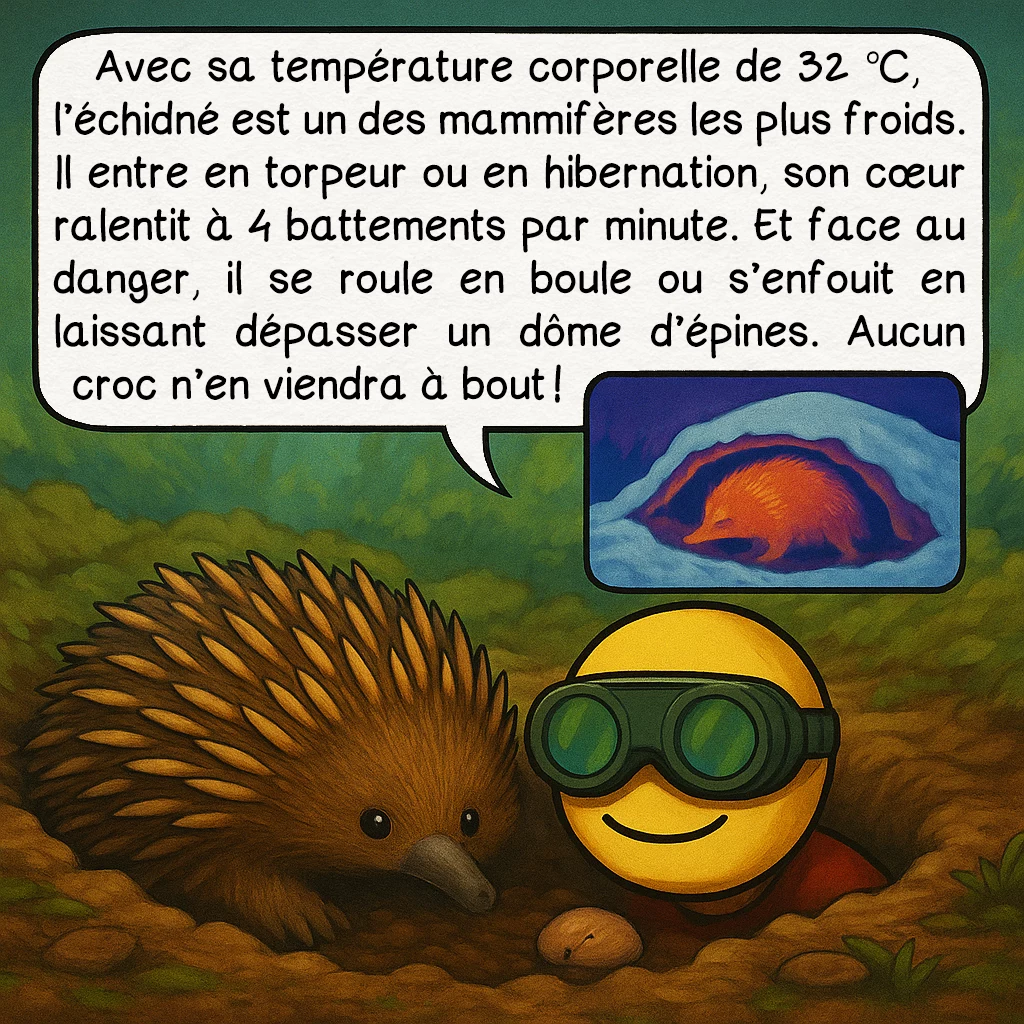 L’échidné, case 7 : — L’échidné invisible
Avec sa température corporelle de 32 °C, l’échidné est un des mammifères les plus froids. Il entre en torpeur ou en hibernation, son cœur ralentit à 4 battements par minute. Et face au danger, il se roule en boule ou s’enfouit en laissant dépasser un dôme d’épines. Aucun croc n’en viendra à bout !
