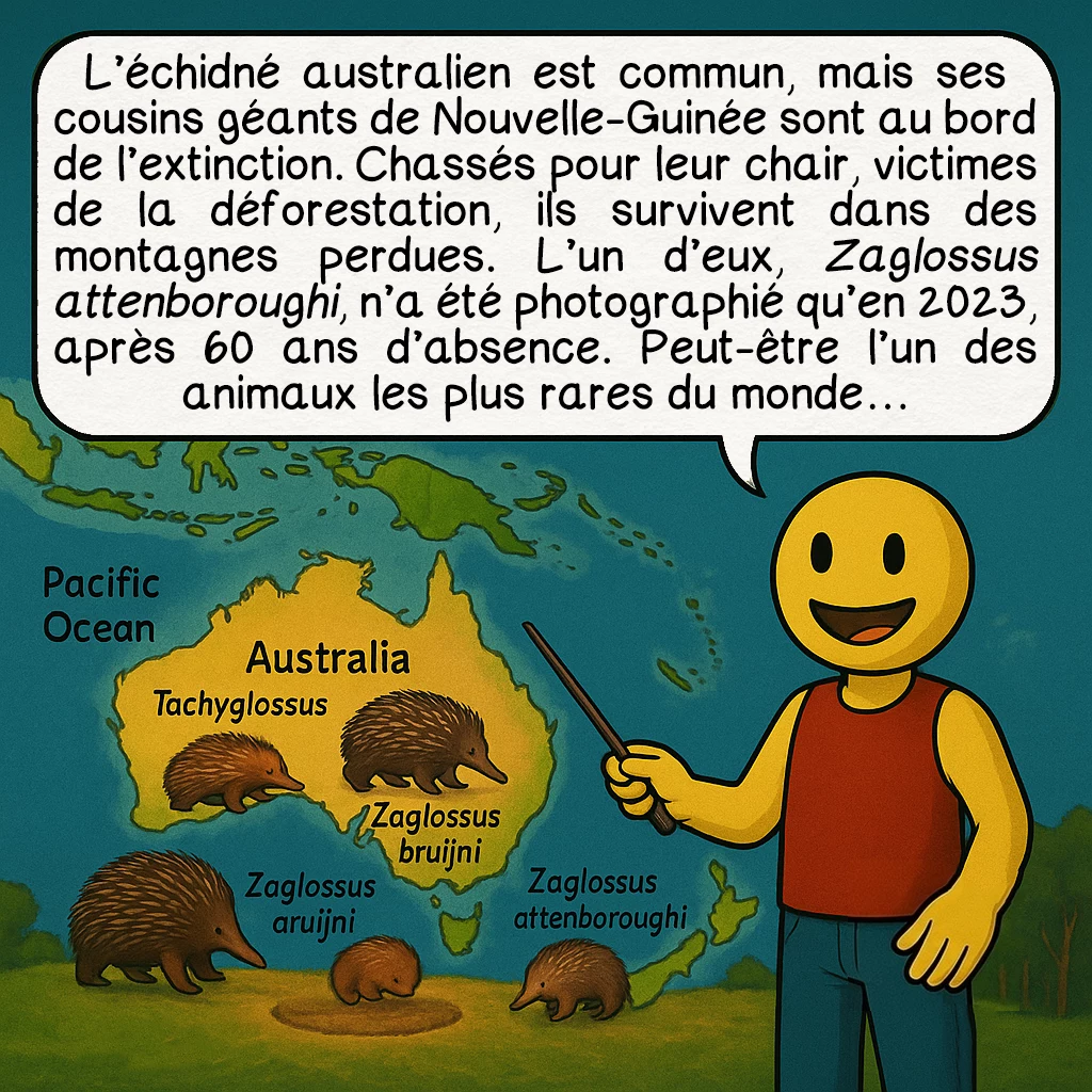 L’échidné, case 8 : — Une famille oubliée
L’échidné australien est commun, mais ses cousins géants de Nouvelle-Guinée sont au bord de l’extinction. Chassés pour leur chair, victimes de la déforestation, ils survivent dans des montagnes perdues. L’un d’eux, Zaglossus attenboroughi, n’a été photographié qu’en 2023, après 60 ans d’absence. Peut-être l’un des animaux les plus rares du monde…