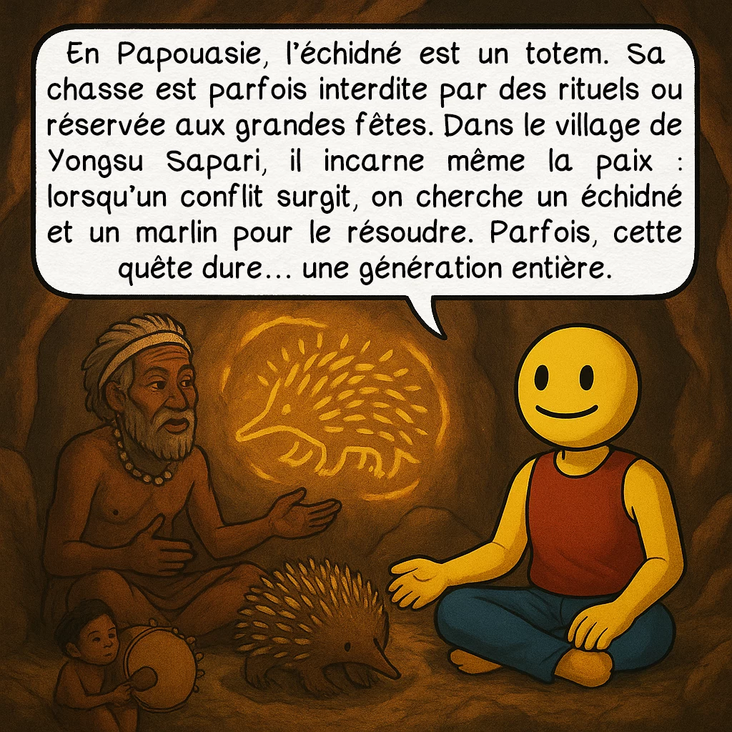 L’échidné, case 9 : — Totem, trésor, mystère
En Papouasie, l’échidné est un totem. Sa chasse est parfois interdite par des rituels ou réservée aux grandes fêtes. Dans le village de Yongsu Sapari, il incarne même la paix : lorsqu’un conflit surgit, on cherche un échidné et un marlin pour le résoudre. Parfois, cette quête dure… une génération entière.