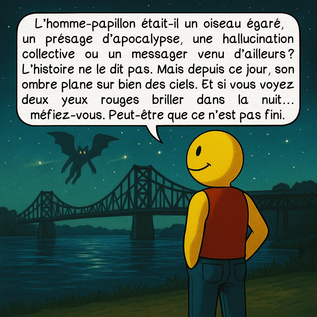 L’homme-papillon, case 10 : — Conclusion ouverte
L’homme-papillon était-il un oiseau égaré, un présage d’apocalypse, une hallucination collective ou un messager venu d’ailleurs ? L’histoire ne le dit pas. Mais depuis ce jour, son ombre plane sur bien des ciels. Et si vous voyez deux yeux rouges briller dans la nuit… méfiez-vous. Peut-être que ce n’est pas fini.