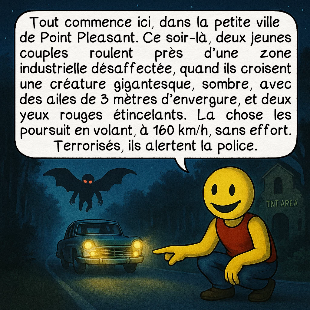 L’homme-papillon, case 2 : — La nuit du 15 novembre 1966
Tout commence ici, dans la petite ville de Point Pleasant. Ce soir-là, deux jeunes couples roulent près d’une zone industrielle désaffectée, quand ils croisent une créature gigantesque, sombre, avec des ailes de 3 mètres d’envergure, et deux yeux rouges étincelants. La chose les poursuit en volant, à 160 km/h, sans effort. Terrorisés, ils alertent la police.