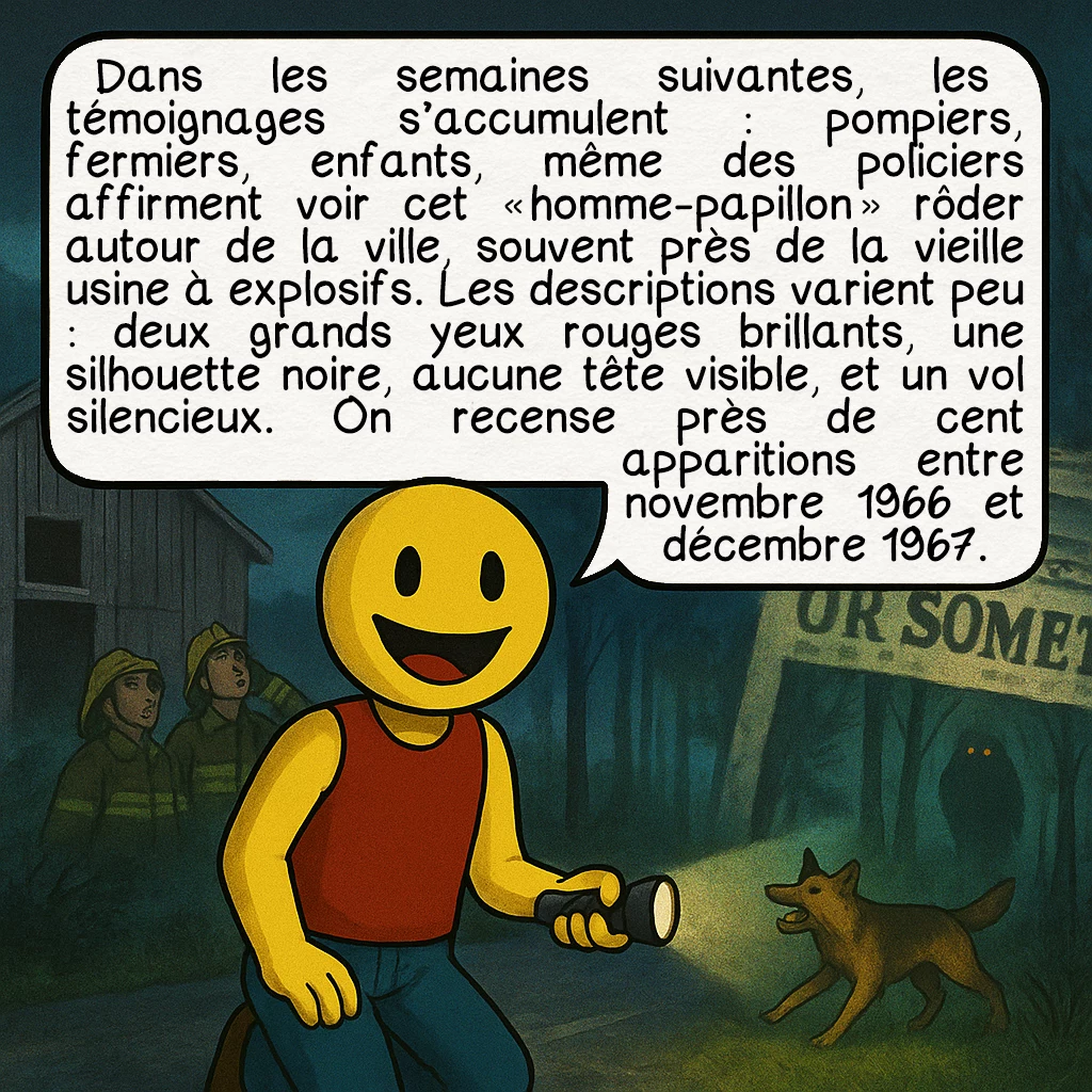 L’homme-papillon, case 3 : — Une vague d’observations
Dans les semaines suivantes, les témoignages s’accumulent : pompiers, fermiers, enfants, même des policiers affirment voir cet « homme-papillon » rôder autour de la ville, souvent près de la vieille usine à explosifs. Les descriptions varient peu : deux grands yeux rouges brillants, une silhouette noire, aucune tête visible, et un vol silencieux. On recense près de cent apparitions entre novembre 1966 et décembre 1967.