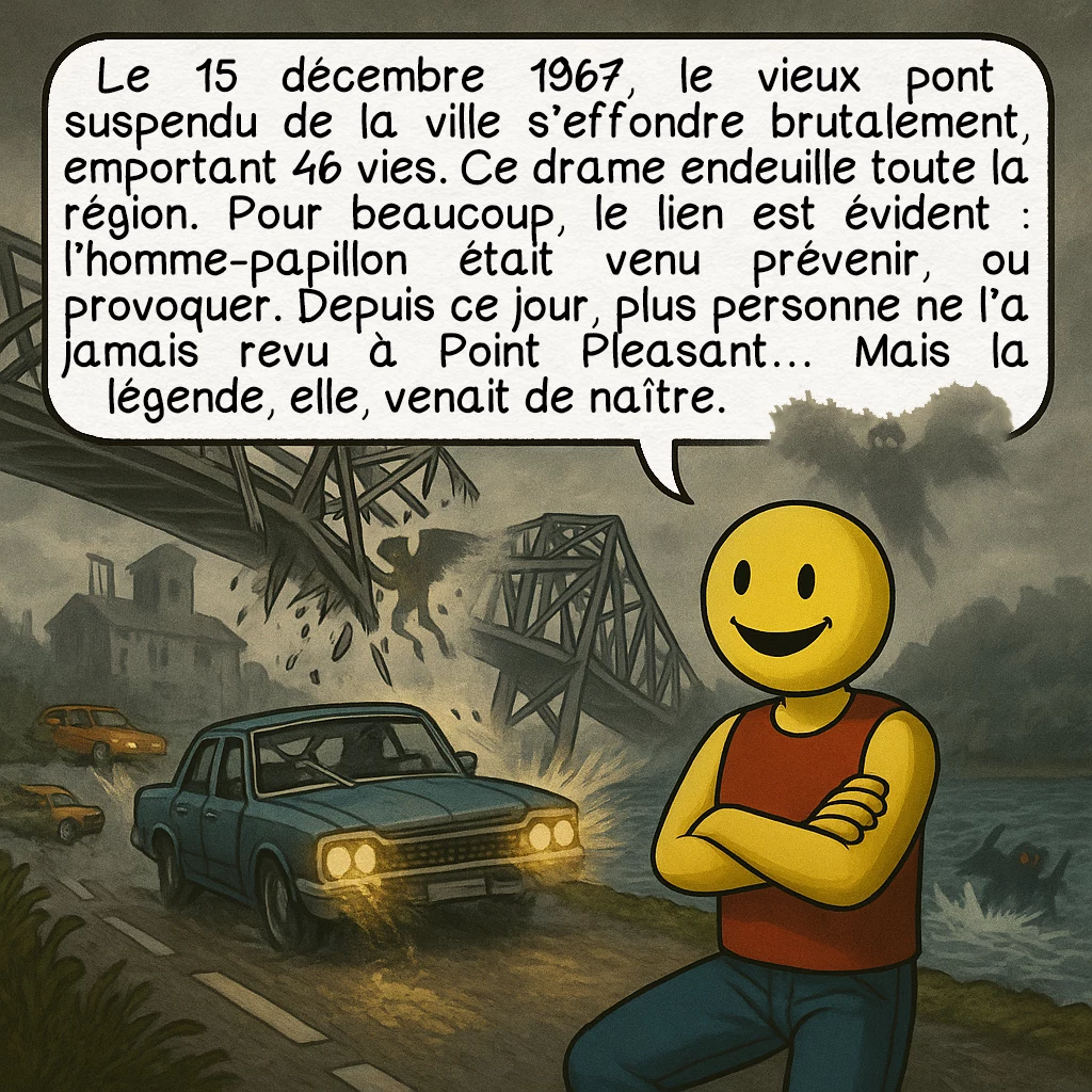 L’homme-papillon, case 4 : — Le pont du malheur
Le 15 décembre 1967, le vieux pont suspendu de la ville s’effondre brutalement, emportant 46 vies. Ce drame endeuille toute la région. Pour beaucoup, le lien est évident : l’homme-papillon était venu prévenir, ou provoquer. Depuis ce jour, plus personne ne l’a jamais revu à Point Pleasant… Mais la légende, elle, venait de naître.