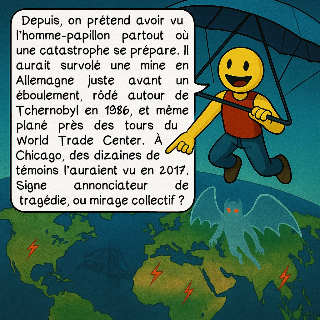 L’homme-papillon, case 5 : — Un phénomène mondial ?
Depuis, on prétend avoir vu l’homme-papillon partout où une catastrophe se prépare. Il aurait survolé une mine en Allemagne juste avant un éboulement, rôdé autour de Tchernobyl en 1986, et même plané près des tours du World Trade Center. À Chicago, des dizaines de témoins l’auraient vu en 2017. Signe annonciateur de tragédie, ou mirage collectif ?