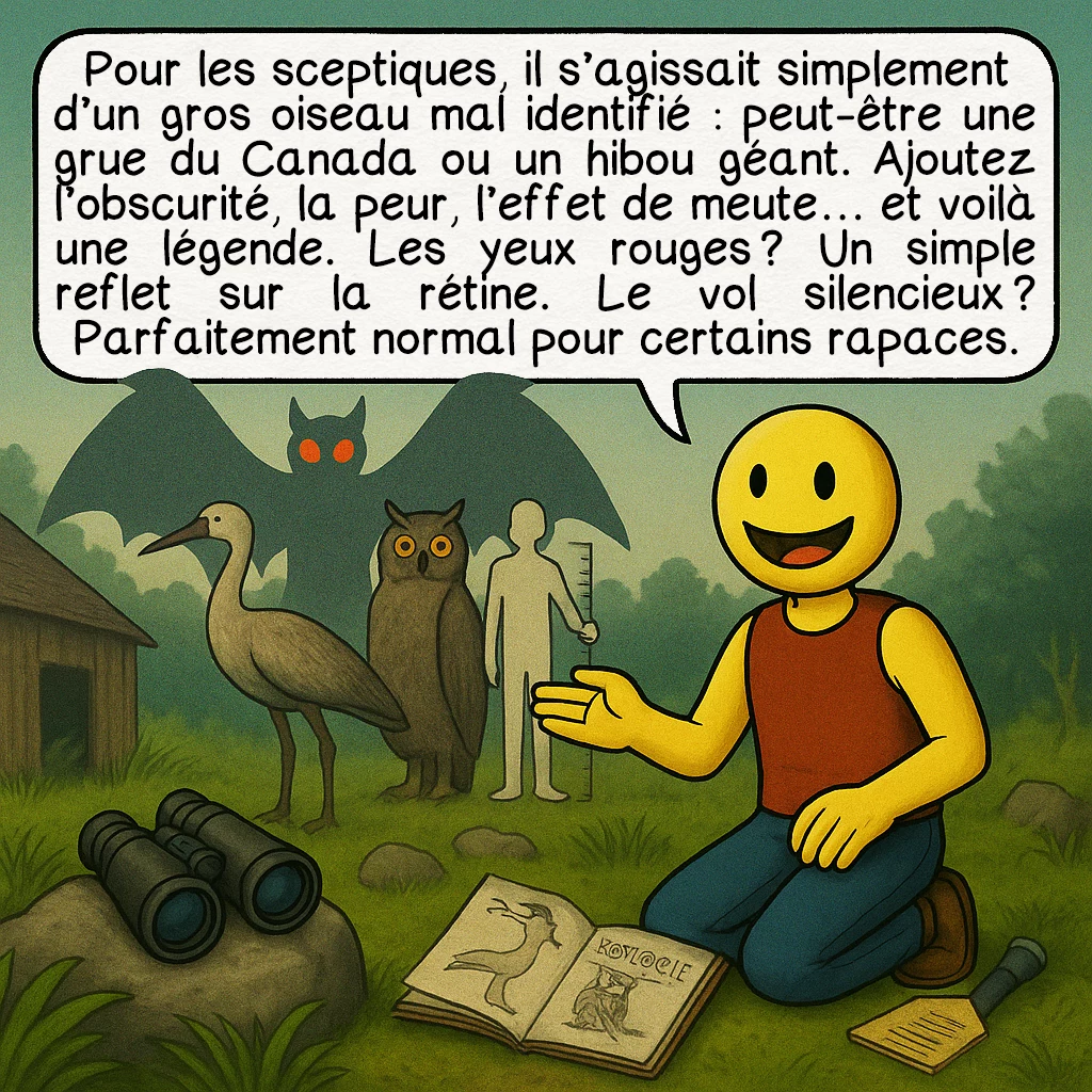 L’homme-papillon, case 6 : — Et si ce n’était qu’un oiseau ?
Pour les sceptiques, il s’agissait simplement d’un gros oiseau mal identifié : peut-être une grue du Canada ou un hibou géant. Ajoutez l’obscurité, la peur, l’effet de meute… et voilà une légende. Les yeux rouges ? Un simple reflet sur la rétine. Le vol silencieux ? Parfaitement normal pour certains rapaces.
