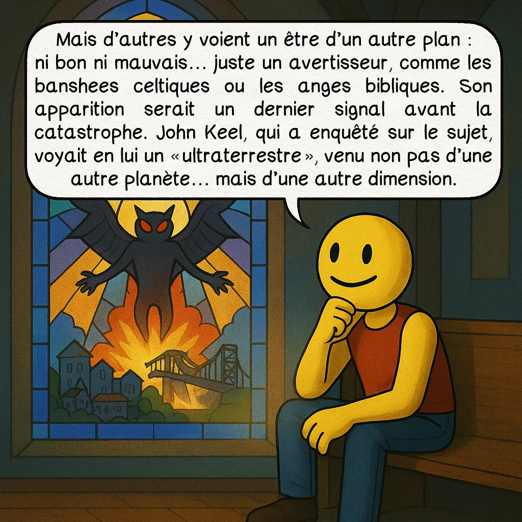 L’homme-papillon, case 7 : — D’autres y voient un messager
Mais d’autres y voient un être d’un autre plan : ni bon ni mauvais… juste un avertisseur, comme les banshees celtiques ou les anges bibliques. Son apparition serait un dernier signal avant la catastrophe. John Keel, qui a enquêté sur le sujet, voyait en lui un « ultraterrestre », venu non pas d’une autre planète… mais d’une autre dimension.