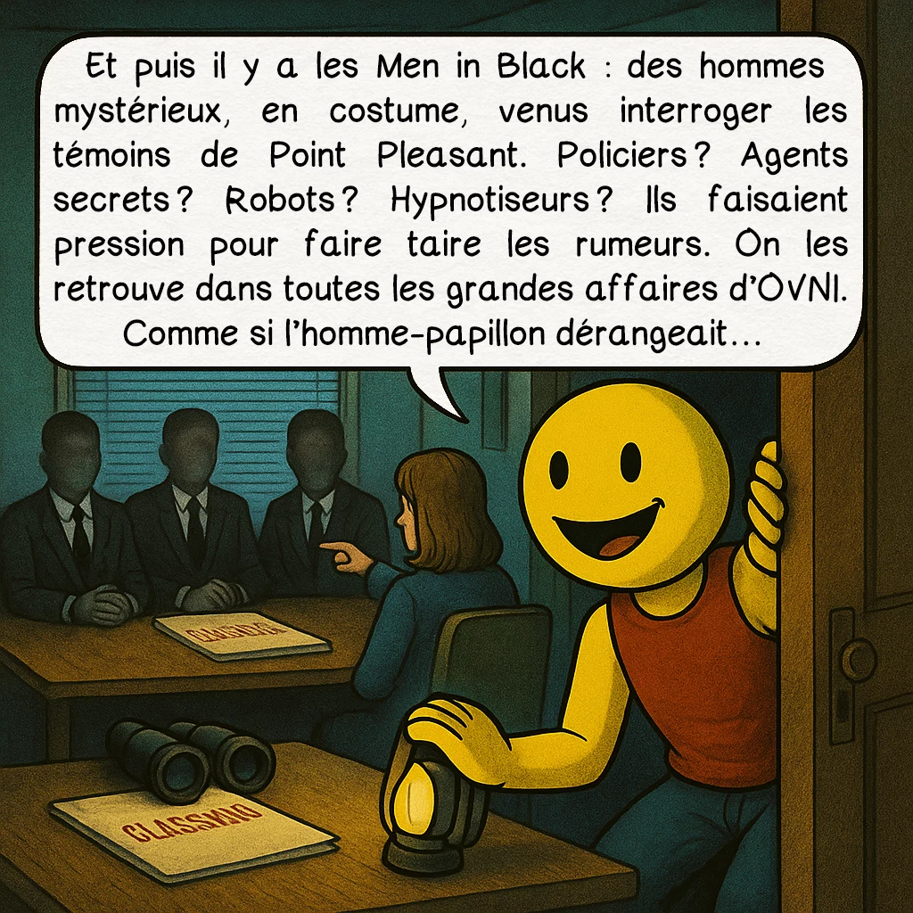 L’homme-papillon, case 8 : — Les hommes en noir
Et puis il y a les Men in Black : des hommes mystérieux, en costume, venus interroger les témoins de Point Pleasant. Policiers ? Agents secrets ? Robots ? Hypnotiseurs ? Ils faisaient pression pour faire taire les rumeurs. On les retrouve dans toutes les grandes affaires d’OVNI. Comme si l’homme-papillon dérangeait…