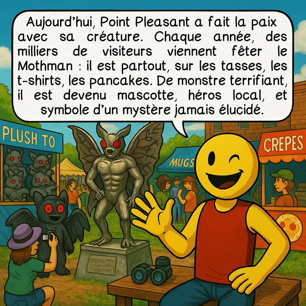 L’homme-papillon, case 9 : — Le monstre devient une icône
Aujourd’hui, Point Pleasant a fait la paix avec sa créature. Chaque année, des milliers de visiteurs viennent fêter le Mothman : il est partout, sur les tasses, les t-shirts, les pancakes. De monstre terrifiant, il est devenu mascotte, héros local, et symbole d’un mystère jamais élucidé.
