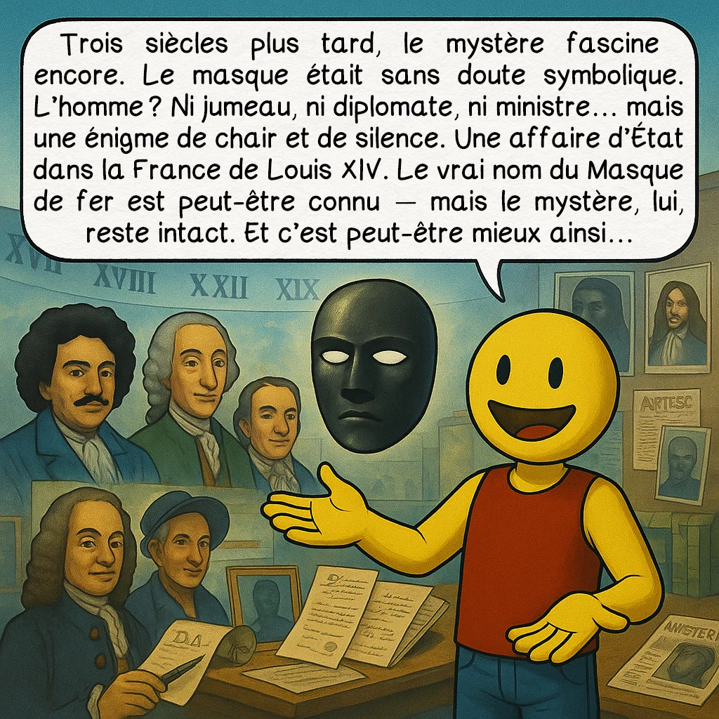 L’homme au masque de fer, case 10 : — CONCLUSION
Trois siècles plus tard, le mystère fascine encore. Le masque était sans doute symbolique. L’homme ? Ni jumeau, ni diplomate, ni ministre… mais une énigme de chair et de silence. Une affaire d’État dans la France de Louis XIV. Le vrai nom du Masque de fer est peut-être connu — mais le mystère, lui, reste intact. Et c’est peut-être mieux ainsi…