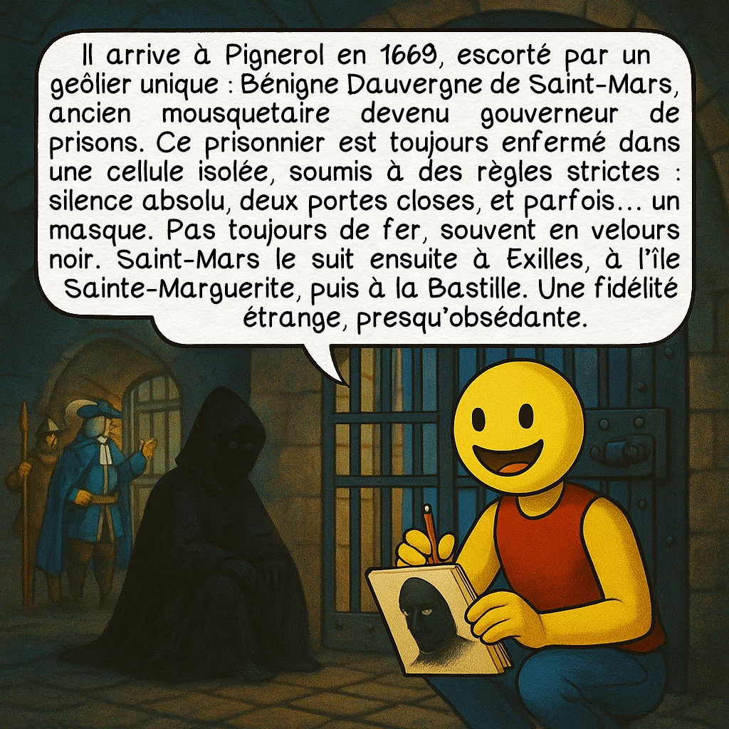 L’homme au masque de fer, case 2 : — LE PRISONNIER ET SA CAPTIVITÉ
Il arrive à Pignerol en 1669, escorté par un geôlier unique : Bénigne Dauvergne de Saint-Mars, ancien mousquetaire devenu gouverneur de prisons. Ce prisonnier est toujours enfermé dans une cellule isolée, soumis à des règles strictes : silence absolu, deux portes closes, et parfois… un masque. Pas toujours de fer, souvent en velours noir. Saint-Mars le suit ensuite à Exilles, à l’île Sainte-Marguerite, puis à la Bastille. Une fidélité étrange, presque obsédante.