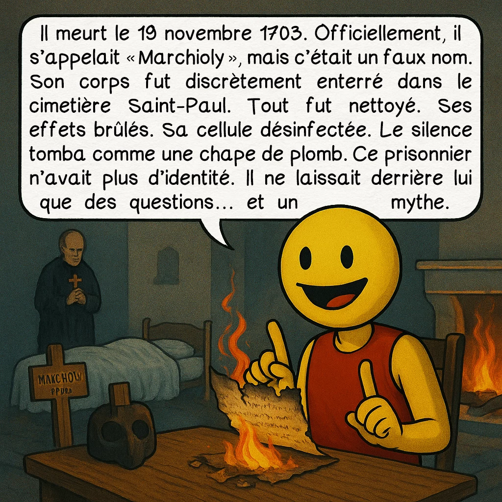 L’homme au masque de fer, case 3 : — LA MORT ET LA DISPARITION
Il meurt le 19 novembre 1703. Officiellement, il s’appelait « Marchioly », mais c’était un faux nom. Son corps fut discrètement enterré dans le cimetière Saint-Paul. Tout fut nettoyé. Ses effets brûlés. Sa cellule désinfectée. Le silence tomba comme une chape de plomb. Ce prisonnier n’avait plus d’identité. Il ne laissait derrière lui que des questions… et un mythe.