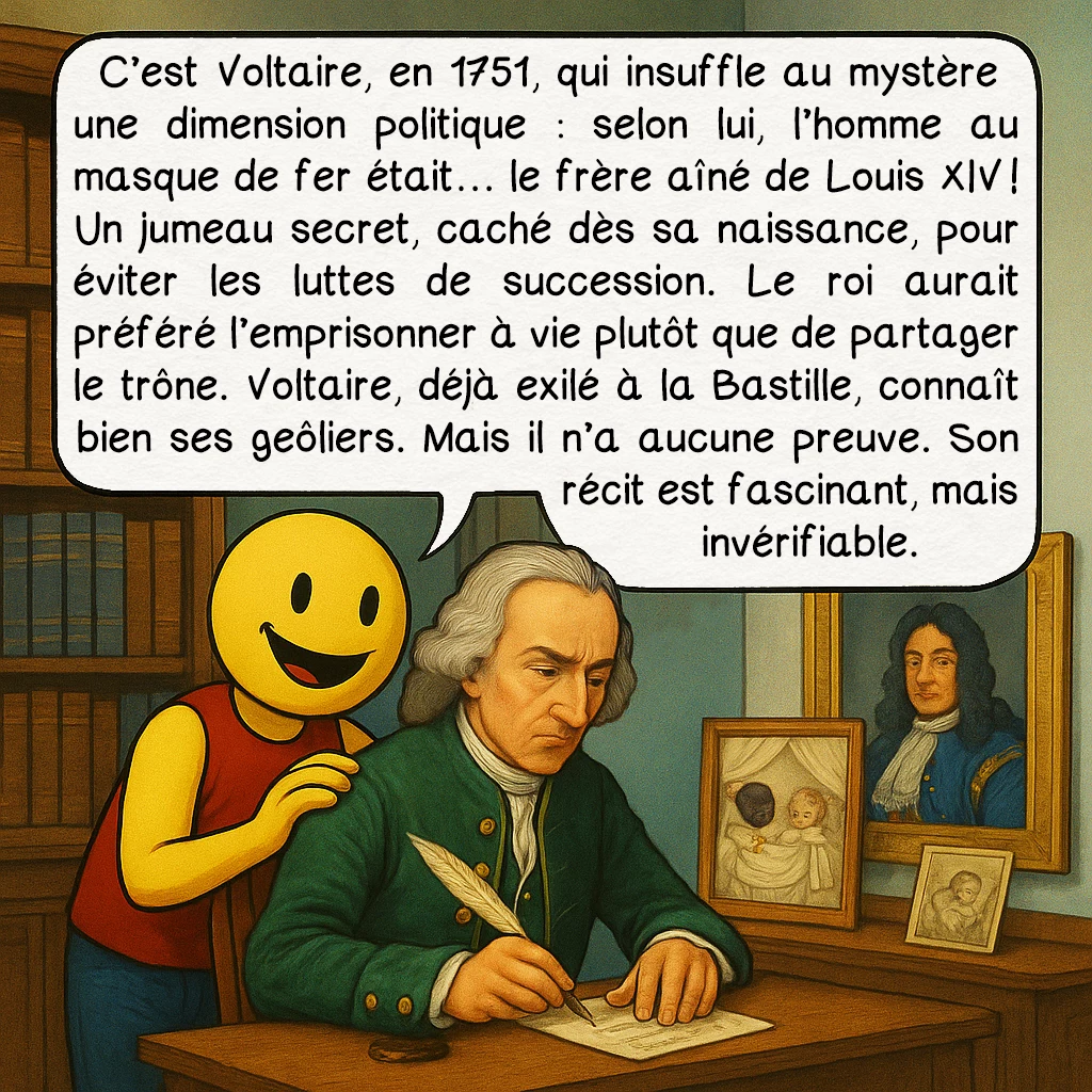 L’homme au masque de fer, case 4 : — VOLTAIRE ENTRE EN SCÈNE
C’est Voltaire, en 1751, qui insuffle au mystère une dimension politique : selon lui, l’homme au masque de fer était… le frère aîné de Louis XIV ! Un jumeau secret, caché dès sa naissance, pour éviter les luttes de succession. Le roi aurait préféré l’emprisonner à vie plutôt que de partager le trône. Voltaire, déjà exilé à la Bastille, connaît bien ses geôliers. Mais il n’a aucune preuve. Son récit est fascinant, mais invérifiable.