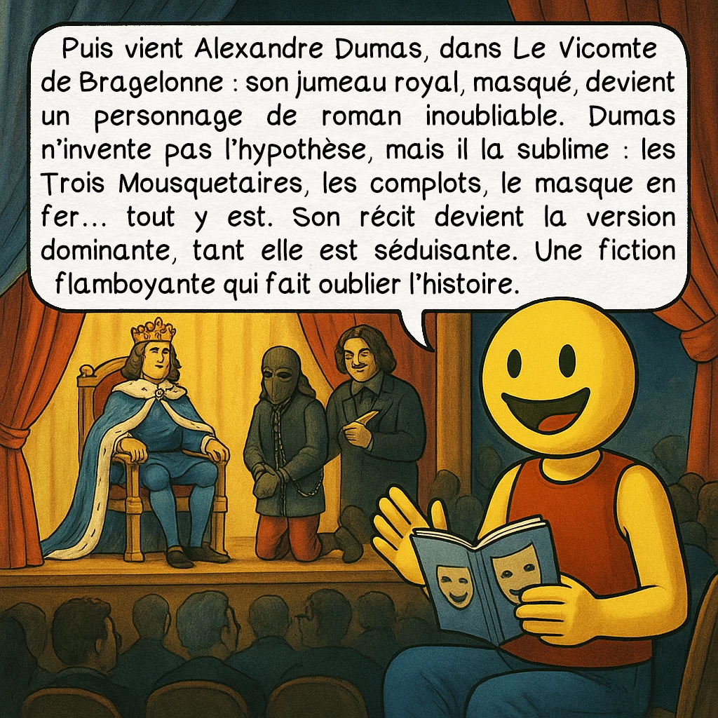 L’homme au masque de fer, case 5 : — DUMAS ET LA LÉGENDE
Puis vient Alexandre Dumas, dans Le Vicomte de Bragelonne : son jumeau royal, masqué, devient un personnage de roman inoubliable. Dumas n’invente pas l’hypothèse, mais il la sublime : les Trois Mousquetaires, les complots, le masque en fer… tout y est. Son récit devient la version dominante, tant elle est séduisante. Une fiction flamboyante qui fait oublier l’histoire.