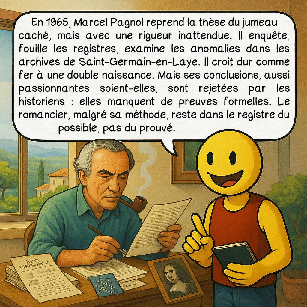 L’homme au masque de fer, case 6 : — LA VERSION PAGNOL
En 1965, Marcel Pagnol reprend la thèse du jumeau caché, mais avec une rigueur inattendue. Il enquête, fouille les registres, examine les anomalies dans les archives de Saint-Germain-en-Laye. Il croit dur comme fer à une double naissance. Mais ses conclusions, aussi passionnantes soient-elles, sont rejetées par les historiens : elles manquent de preuves formelles. Le romancier, malgré sa méthode, reste dans le registre du possible, pas du prouvé.