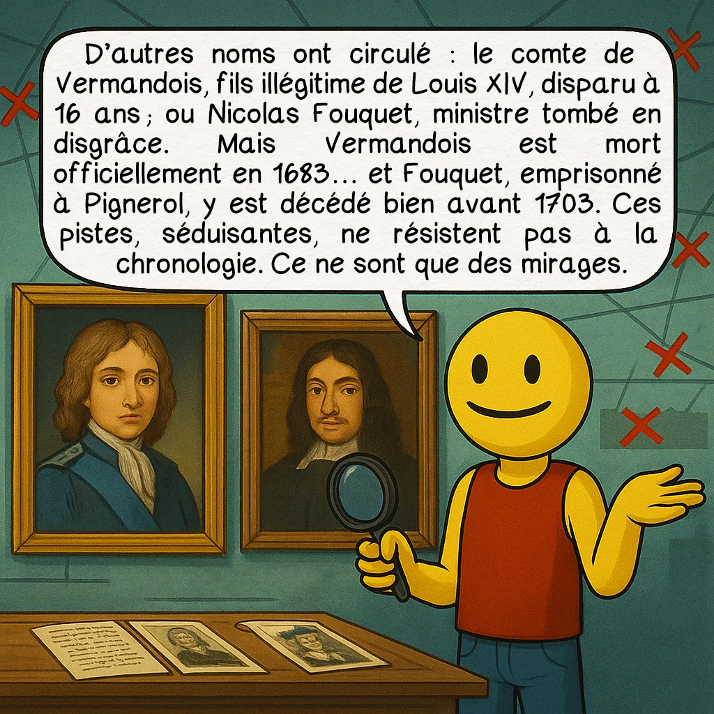 L’homme au masque de fer, case 7 : — VERMANDOIS ET FOUQUET
D’autres noms ont circulé : le comte de Vermandois, fils illégitime de Louis XIV, disparu à 16 ans ; ou Nicolas Fouquet, ministre tombé en disgrâce. Mais Vermandois est mort officiellement en 1683… et Fouquet, emprisonné à Pignerol, y est décédé bien avant 1703. Ces pistes, séduisantes, ne résistent pas à la chronologie. Ce ne sont que des mirages.