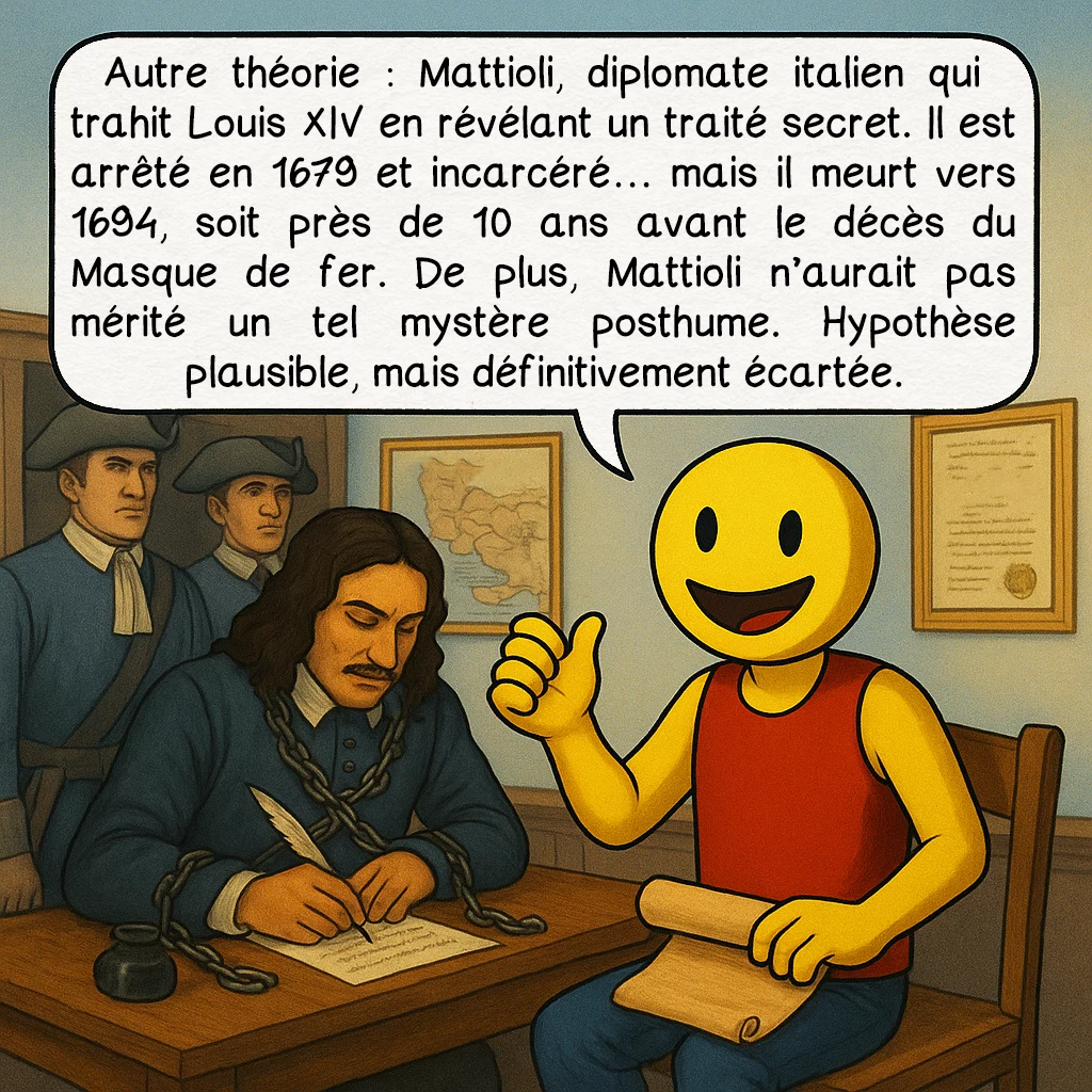 L’homme au masque de fer, case 8 : — L’HYPOTHÈSE MATTIOLI
Autre théorie : Mattioli, diplomate italien qui trahit Louis XIV en révélant un traité secret. Il est arrêté en 1679 et incarcéré… mais il meurt vers 1694, soit près de 10 ans avant le décès du Masque de fer. De plus, Mattioli n’aurait pas mérité un tel mystère posthume. Hypothèse plausible, mais définitivement écartée.