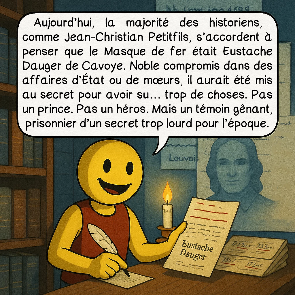 L’homme au masque de fer, case 9 : — LA PISTE DAUGER
Aujourd’hui, la majorité des historiens, comme Jean-Christian Petitfils, s’accordent à penser que le Masque de fer était Eustache Dauger de Cavoye. Noble compromis dans des affaires d’État ou de mœurs, il aurait été mis au secret pour avoir su… trop de choses. Pas un prince. Pas un héros. Mais un témoin gênant, prisonnier d’un secret trop lourd pour l’époque.