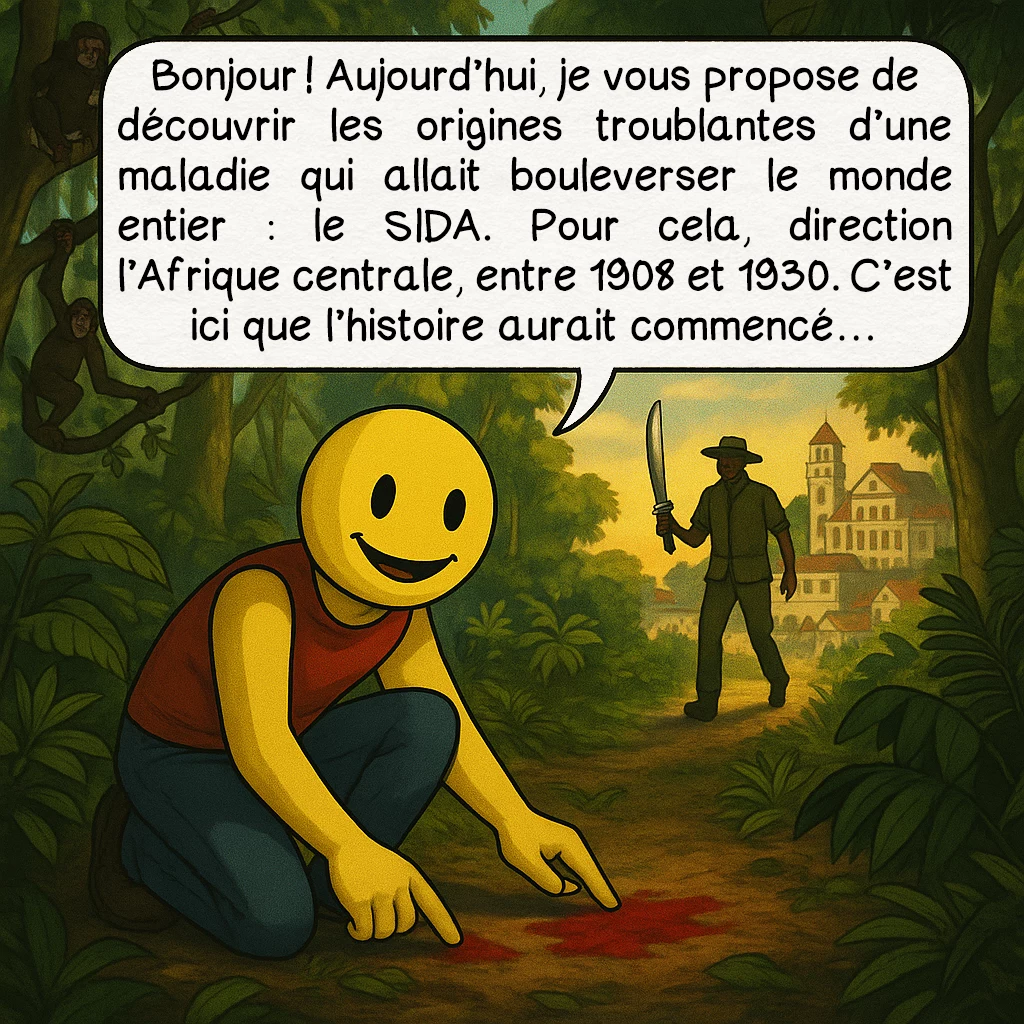 Le SIDA, case 1 : Bonjour ! Aujourd’hui, je vous propose de découvrir les origines troublantes d’une maladie qui allait bouleverser le monde entier : le SIDA. Pour cela, direction l’Afrique centrale, entre 1908 et 1930. C’est ici que l’histoire aurait commencé…