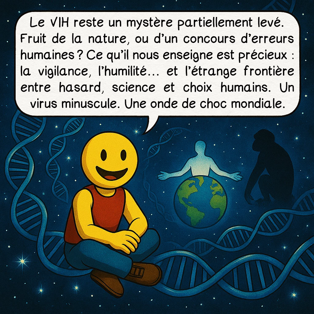 Le SIDA, case 10 : Le VIH reste un mystère partiellement levé. Fruit de la nature, ou d’un concours d’erreurs humaines ? Ce qu’il nous enseigne est précieux : la vigilance, l’humilité… et l’étrange frontière entre hasard, science et choix humains. Un virus minuscule. Une onde de choc mondiale.