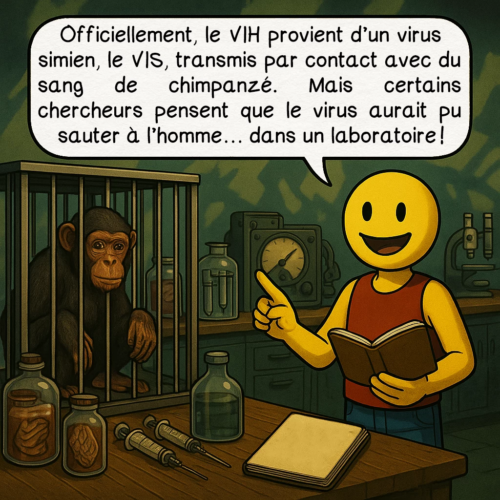 Le SIDA, case 2 : Officiellement, le VIH provient d’un virus simien, le VIS, transmis par contact avec du sang de chimpanzé. Mais certains chercheurs pensent que le virus aurait pu sauter à l’homme… dans un laboratoire !