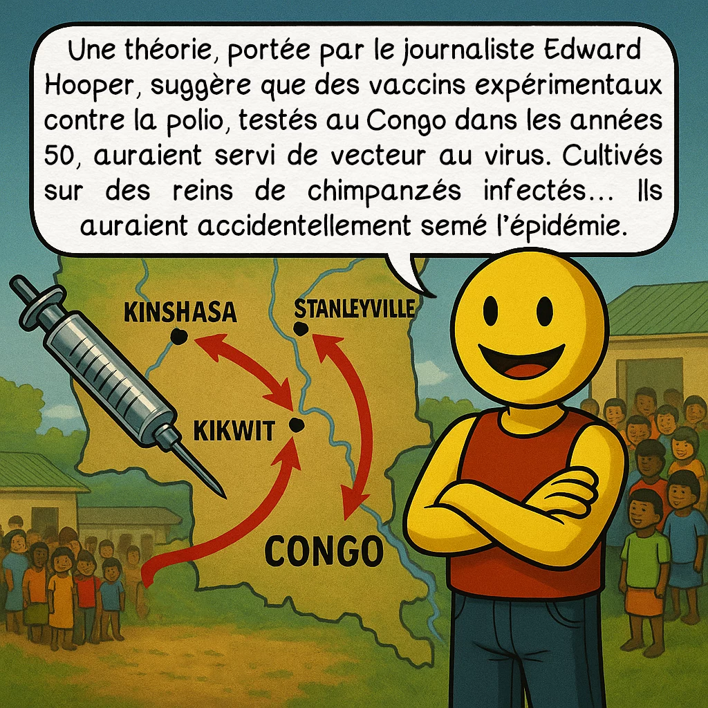 Le SIDA, case 3 : Une théorie, portée par le journaliste Edward Hooper, suggère que des vaccins expérimentaux contre la polio, testés au Congo dans les années 50, auraient servi de vecteur au virus. Cultivés sur des reins de chimpanzés infectés… Ils auraient accidentellement semé l’épidémie.