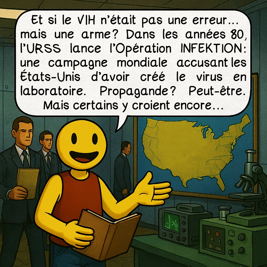 Le SIDA, case 4 : Et si le VIH n’était pas une erreur… mais une arme ? Dans les années 80, l’URSS lance l’Opération INFEKTION : une campagne mondiale accusant les États-Unis d’avoir créé le virus en laboratoire. Propagande ? Peut-être. Mais certains y croient encore…