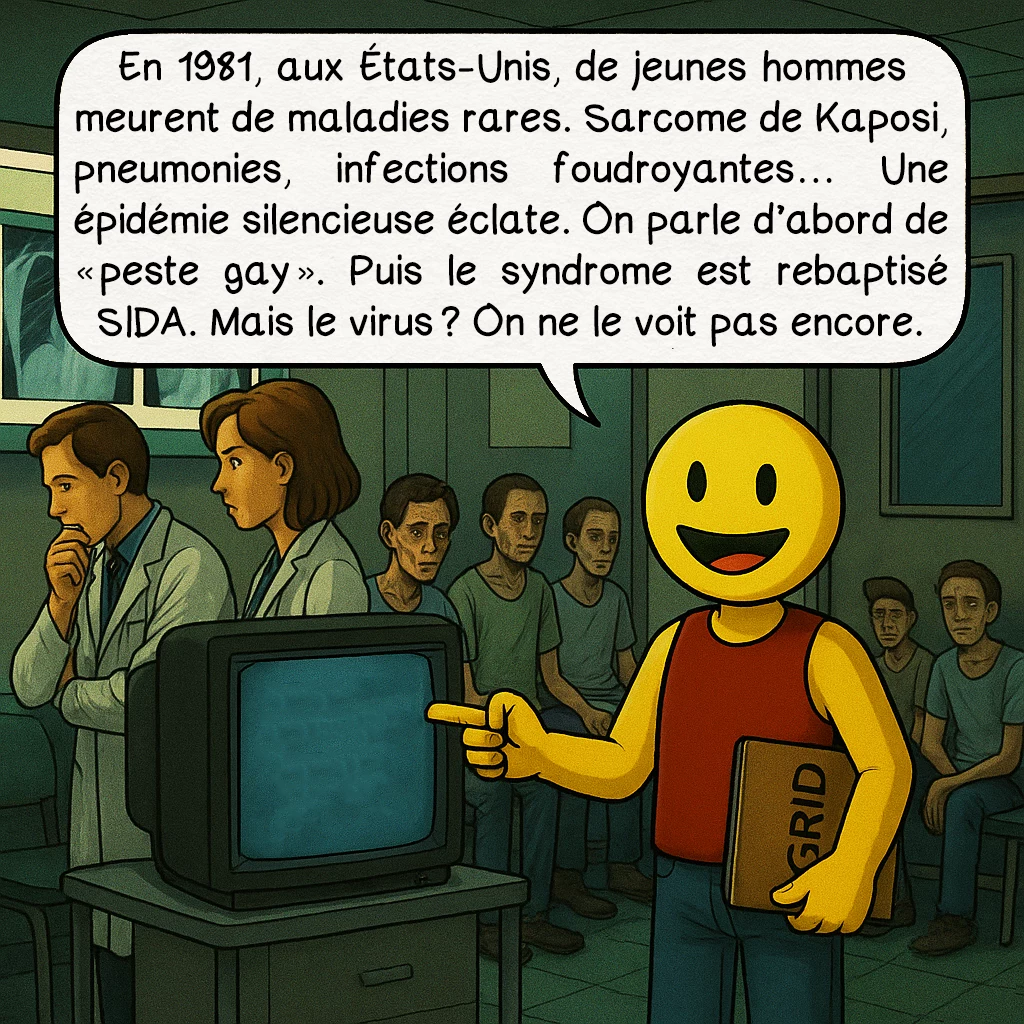 Le SIDA, case 6 : En 1981, aux États-Unis, de jeunes hommes meurent de maladies rares. Sarcome de Kaposi, pneumonies, infections foudroyantes… Une épidémie silencieuse éclate. On parle d’abord de « peste gay ». Puis le syndrome est rebaptisé SIDA. Mais le virus ? On ne le voit pas encore.