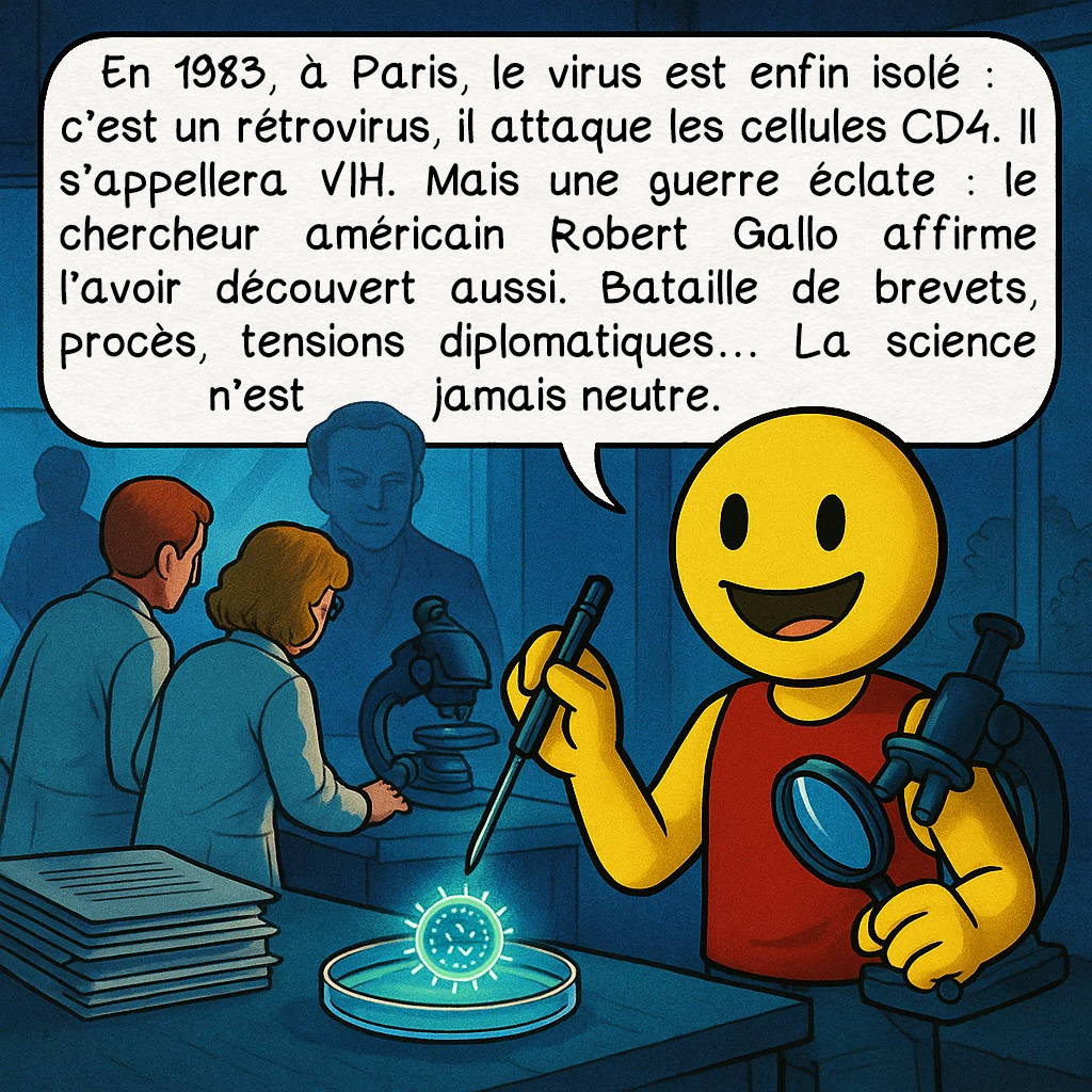 Le SIDA, case 7 : En 1983, à Paris, le virus est enfin isolé : c’est un rétrovirus, il attaque les cellules CD4. Il s’appellera VIH. Mais une guerre éclate : le chercheur américain Robert Gallo affirme l’avoir découvert aussi. Bataille de brevets, procès, tensions diplomatiques… La science n’est jamais neutre.