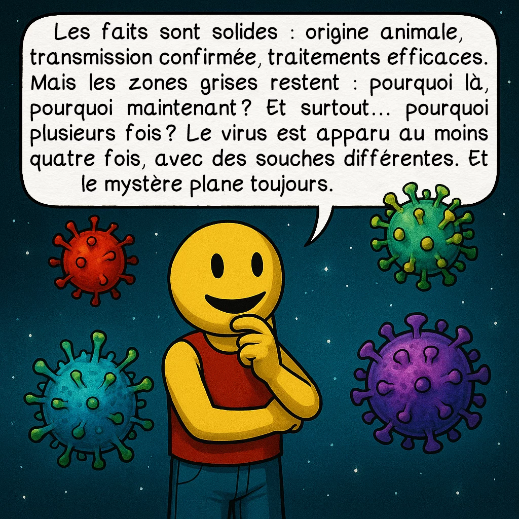 Le SIDA, case 9 : Les faits sont solides : origine animale, transmission confirmée, traitements efficaces. Mais les zones grises restent : pourquoi là, pourquoi maintenant ? Et surtout… pourquoi plusieurs fois ? Le virus est apparu au moins quatre fois, avec des souches différentes. Et le mystère plane toujours.