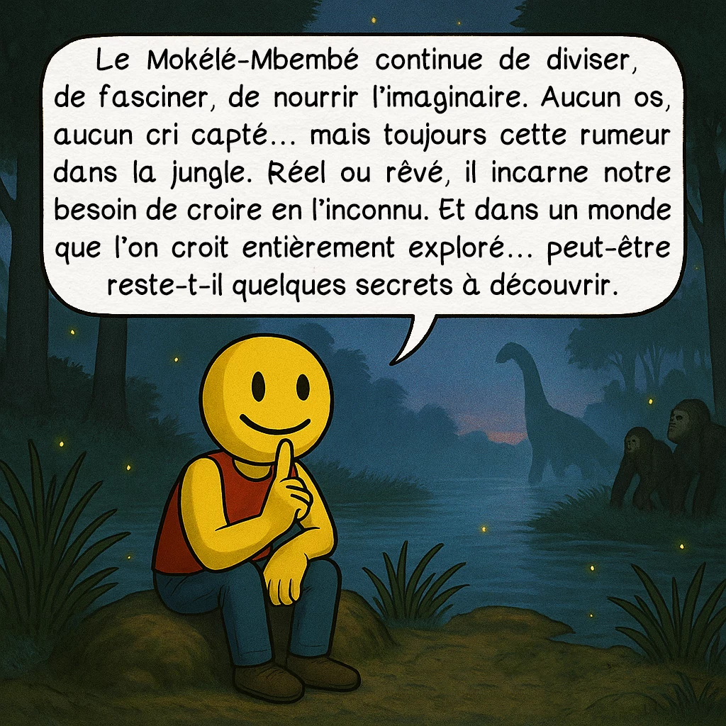 Le Mokélé-Mbembé, case 10 : — CONCLUSION
Le Mokélé-Mbembé continue de diviser, de fasciner, de nourrir l’imaginaire. Aucun os, aucun cri capté… mais toujours cette rumeur dans la jungle. Réel ou rêvé, il incarne notre besoin de croire en l’inconnu. Et dans un monde que l’on croit entièrement exploré… peut-être reste-t-il quelques secrets à découvrir.