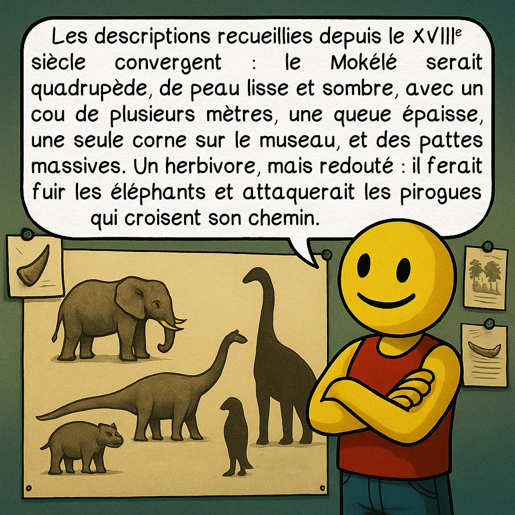 Le Mokélé-Mbembé, case 2 : — DESCRIPTION PHYSIQUE
Les descriptions recueillies depuis le XVIIIe siècle convergent : le Mokélé serait quadrupède, de peau lisse et sombre, avec un cou de plusieurs mètres, une queue épaisse, une seule corne sur le museau, et des pattes massives. Un herbivore, mais redouté : il ferait fuir les éléphants et attaquerait les pirogues qui croisent son chemin.