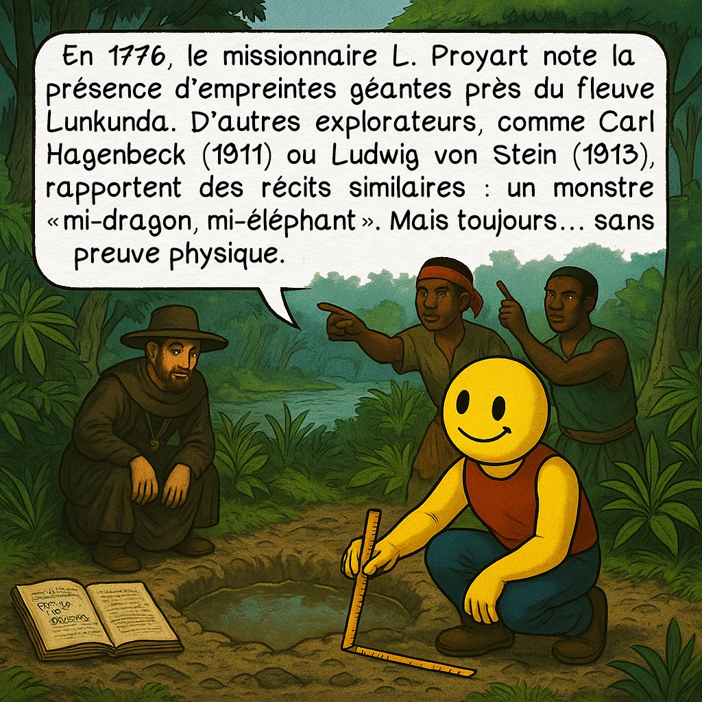 Le Mokélé-Mbembé, case 3 : — PREMIÈRES OBSERVATIONS
En 1776, le missionnaire L. Proyart note la présence d’empreintes géantes près du fleuve Lunkunda. D’autres explorateurs, comme Carl Hagenbeck (1911) ou Ludwig von Stein (1913), rapportent des récits similaires : un monstre « mi-dragon, mi-éléphant ». Mais toujours… sans preuve physique.