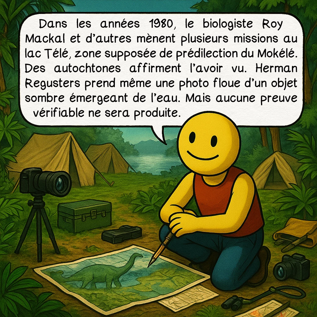 Le Mokélé-Mbembé, case 4 : — EXPÉDITIONS MODERNES
Dans les années 1980, le biologiste Roy Mackal et d’autres mènent plusieurs missions au lac Télé, zone supposée de prédilection du Mokélé. Des autochtones affirment l’avoir vu. Herman Regusters prend même une photo floue d’un objet sombre émergeant de l’eau. Mais aucune preuve vérifiable ne sera produite.