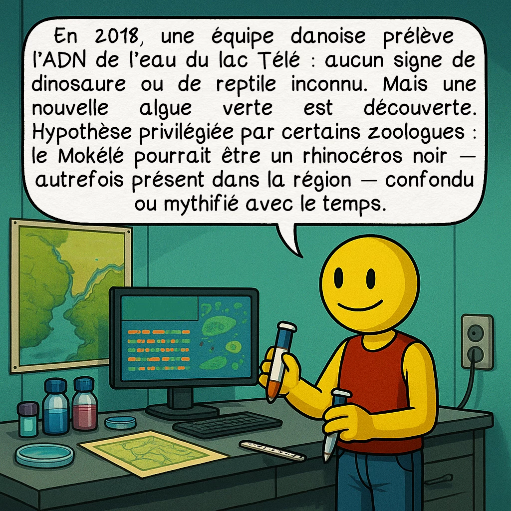 Le Mokélé-Mbembé, case 5 : — PISTES SCIENTIFIQUES
En 2018, une équipe danoise prélève l’ADN de l’eau du lac Télé : aucun signe de dinosaure ou de reptile inconnu. Mais une nouvelle algue verte est découverte. Hypothèse privilégiée par certains zoologues : le Mokélé pourrait être un rhinocéros noir — autrefois présent dans la région — confondu ou mythifié avec le temps.