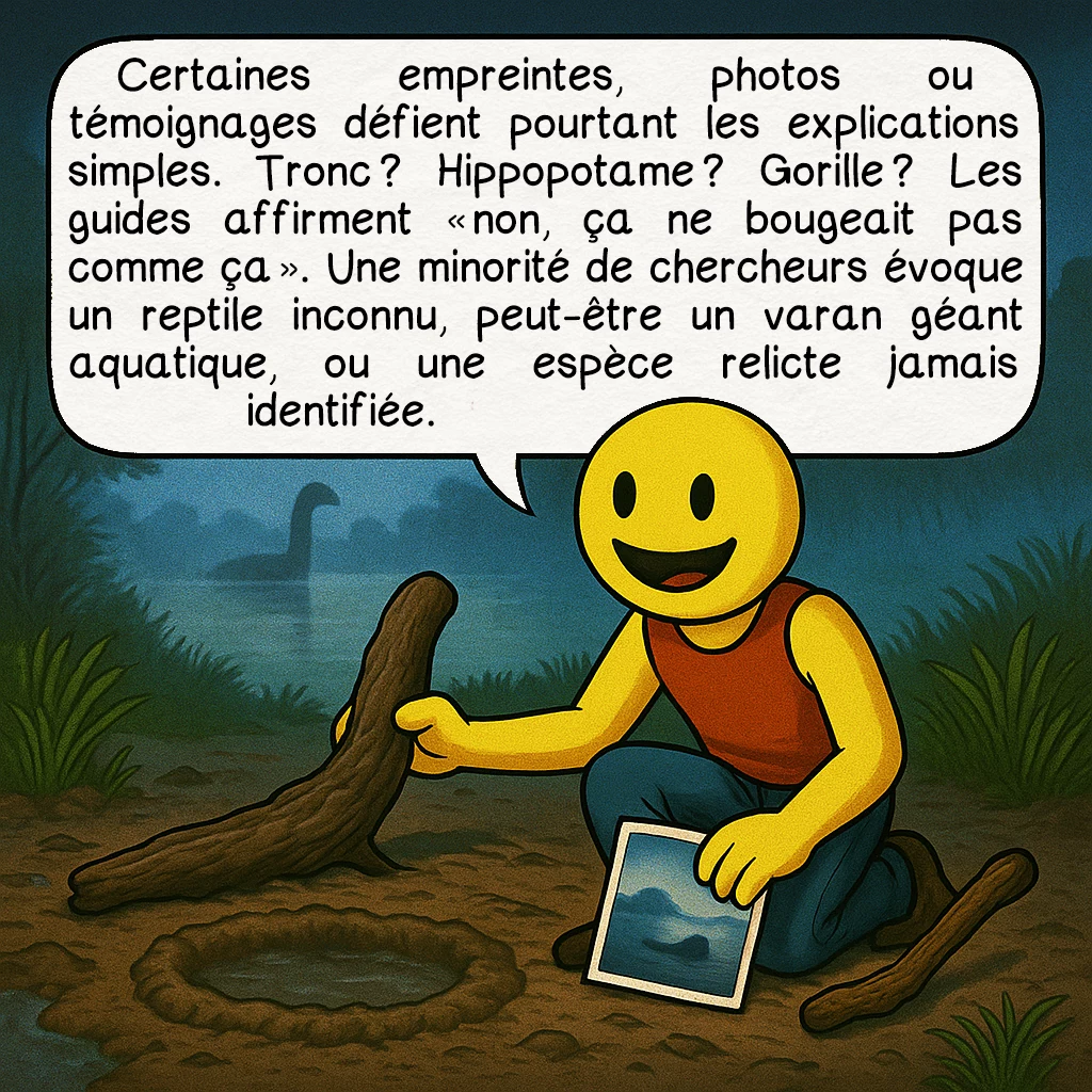 Le Mokélé-Mbembé, case 6 : — ÉLÉMENTS TROUBLANTS
Certaines empreintes, photos ou témoignages défient pourtant les explications simples. Tronc ? Hippopotame ? Gorille ? Les guides affirment « non, ça ne bougeait pas comme ça ». Une minorité de chercheurs évoque un reptile inconnu, peut-être un varan géant aquatique, ou une espèce relicte jamais identifiée.