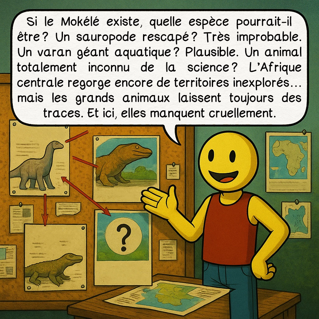 Le Mokélé-Mbembé, case 7 : — HYPOTHÈSES ALTERNATIVES
Si le Mokélé existe, quelle espèce pourrait-il être ? Un sauropode rescapé ? Très improbable. Un varan géant aquatique ? Plausible. Un animal totalement inconnu de la science ? L’Afrique centrale regorge encore de territoires inexplorés… mais les grands animaux laissent toujours des traces. Et ici, elles manquent cruellement.