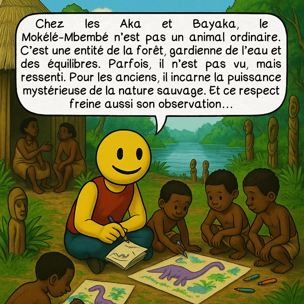 Le Mokélé-Mbembé, case 8 : — ENTRE FOLKLORE ET ÉCOLOGIE
Chez les Aka et Bayaka, le Mokélé-Mbembé n’est pas un animal ordinaire. C’est une entité de la forêt, gardienne de l’eau et des équilibres. Parfois, il n’est pas vu, mais ressenti. Pour les anciens, il incarne la puissance mystérieuse de la nature sauvage. Et ce respect freine aussi son observation…