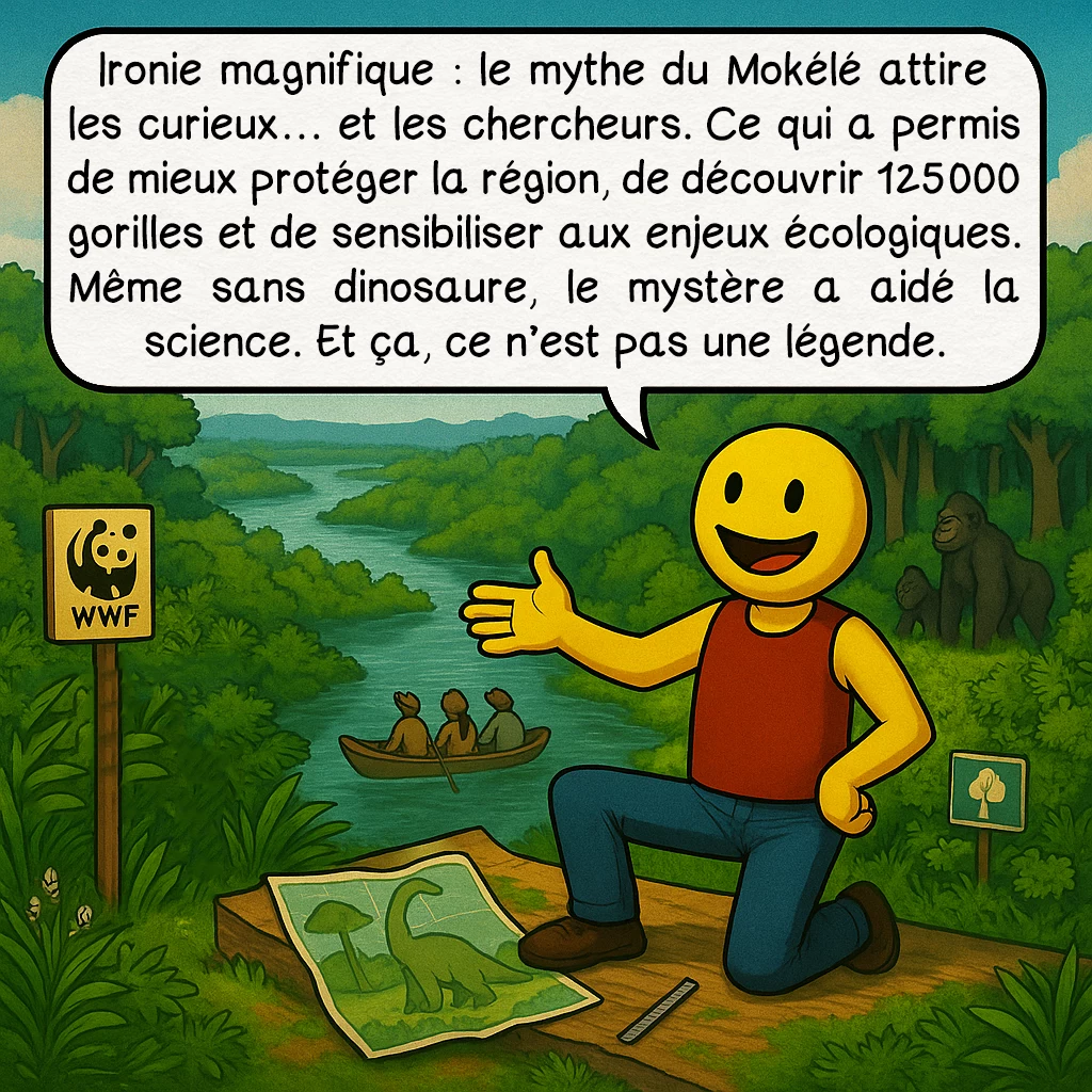 Le Mokélé-Mbembé, case 9 : — UN MOTEUR POUR LA CONSERVATION
Ironie magnifique : le mythe du Mokélé attire les curieux… et les chercheurs. Ce qui a permis de mieux protéger la région, de découvrir 125 000 gorilles et de sensibiliser aux enjeux écologiques. Même sans dinosaure, le mystère a aidé la science. Et ça, ce n’est pas une légende.