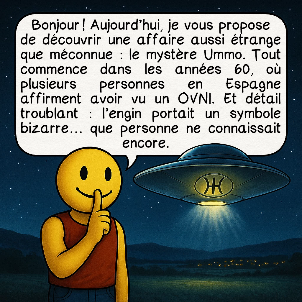 Ummo, case 1 : Bonjour ! Aujourd’hui, je vous propose de découvrir une affaire aussi étrange que méconnue : le mystère Ummo. Tout commence dans les années 60, où plusieurs personnes en Espagne affirment avoir vu un OVNI. Et détail troublant : l’engin portait un symbole bizarre… que personne ne connaissait encore.