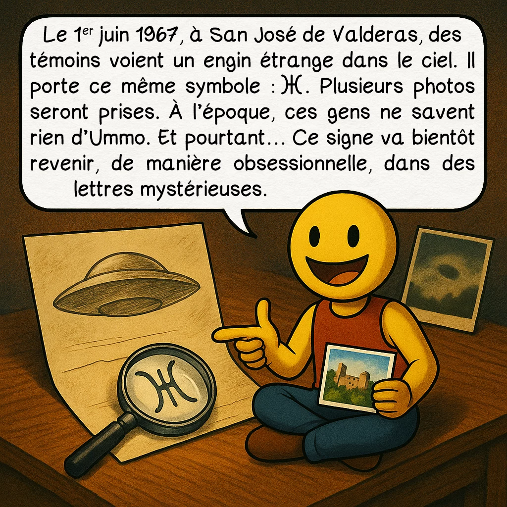 Ummo, case 2 : Le 1er juin 1967, à San José de Valderas, des témoins voient un engin étrange dans le ciel. Il porte ce même symbole : ⊗. Plusieurs photos seront prises. À l’époque, ces gens ne savent rien d’Ummo. Et pourtant… Ce signe va bientôt revenir, de manière obsessionnelle, dans des lettres mystérieuses.