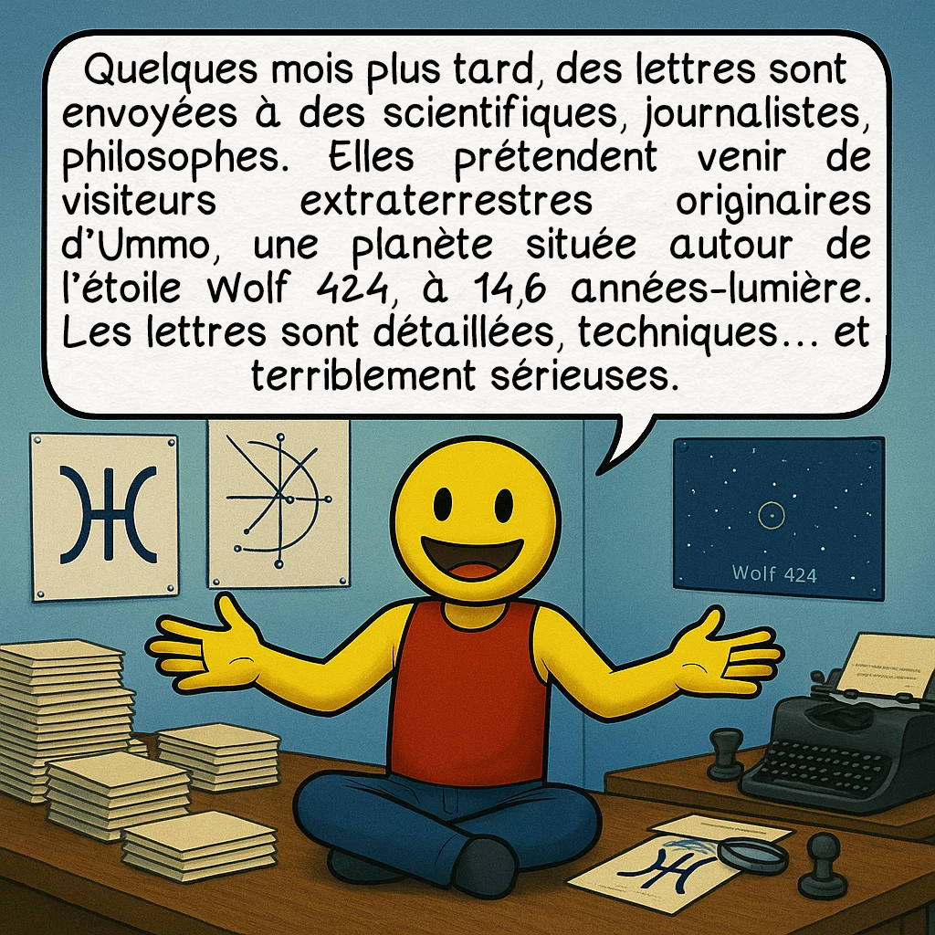 Ummo, case 3 : Quelques mois plus tard, des lettres sont envoyées à des scientifiques, journalistes, philosophes. Elles prétendent venir de visiteurs extraterrestres originaires d’Ummo, une planète située autour de l’étoile Wolf 424, à 14,6 années-lumière. Les lettres sont détaillées, techniques… et terriblement sérieuses.