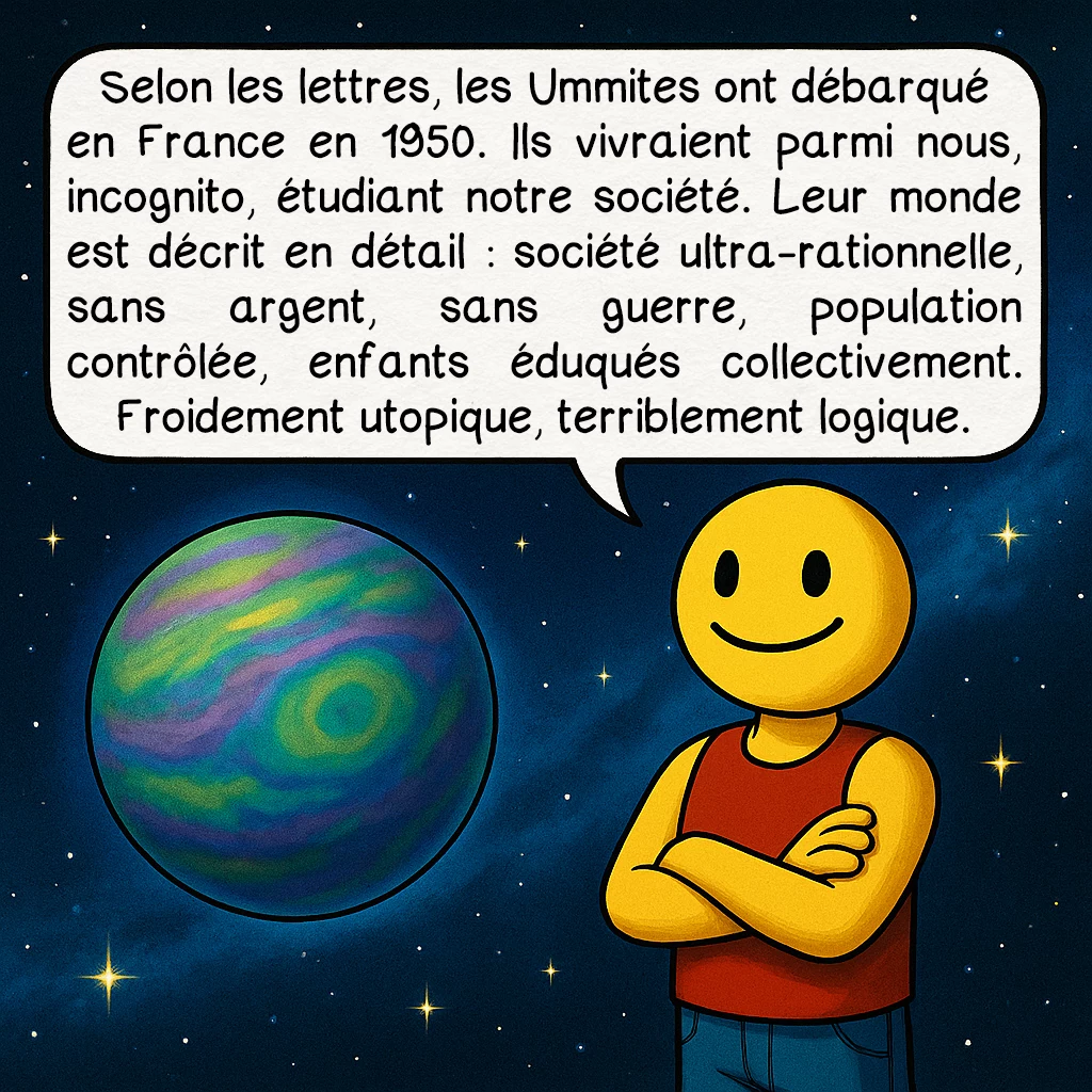 Ummo, case 4 : Selon les lettres, les Ummites ont débarqué en France en 1950. Ils vivraient parmi nous, incognito, étudiant notre société. Leur monde est décrit en détail : société ultra-rationnelle, sans argent, sans guerre, population contrôlée, enfants éduqués collectivement. Froidement utopique, terriblement logique.
