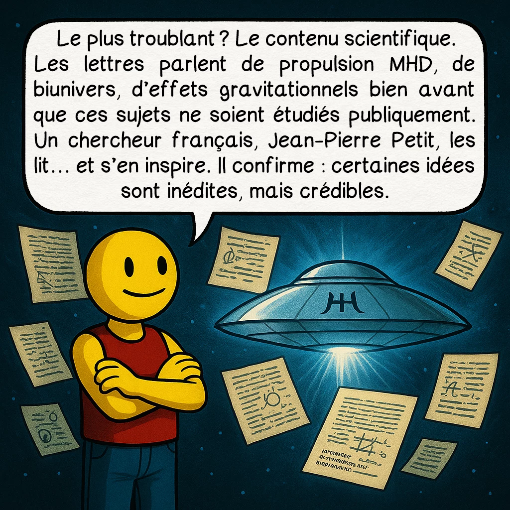 Ummo, case 5 : Le plus troublant ? Le contenu scientifique. Les lettres parlent de propulsion MHD, de biunivers, d’effets gravitationnels bien avant que ces sujets ne soient étudiés publiquement. Un chercheur français, Jean-Pierre Petit, les lit… et s’en inspire. Il confirme : certaines idées sont inédites, mais crédibles.