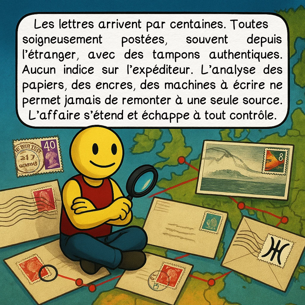 Ummo, case 6 : Les lettres arrivent par centaines. Toutes soigneusement postées, souvent depuis l’étranger, avec des tampons authentiques. Aucun indice sur l’expéditeur. L’analyse des papiers, des encres, des machines à écrire ne permet jamais de remonter à une seule source. L’affaire s’étend et échappe à tout contrôle.