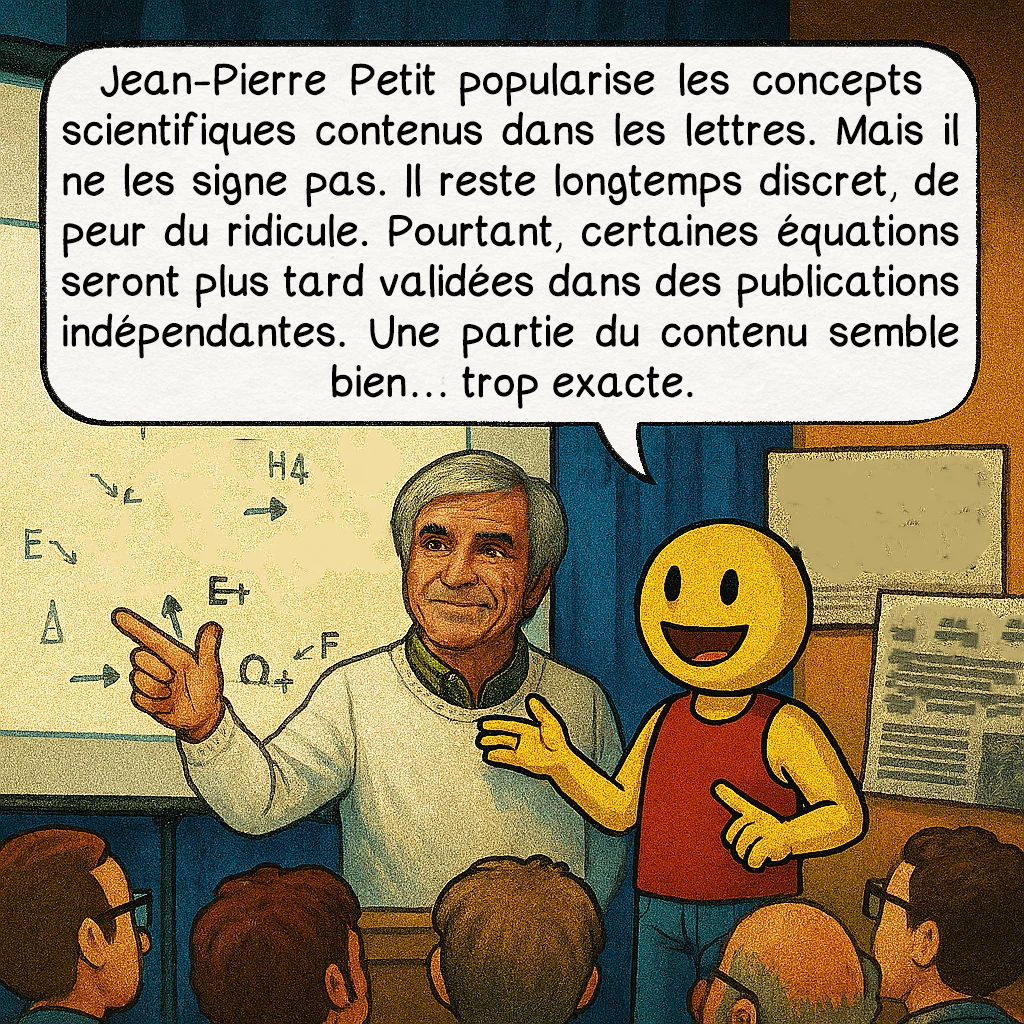 Ummo, case 7 : Jean-Pierre Petit popularise les concepts scientifiques contenus dans les lettres. Mais il ne les signe pas. Il reste longtemps discret, de peur du ridicule. Pourtant, certaines équations seront plus tard validées dans des publications indépendantes. Une partie du contenu semble bien… trop exacte.